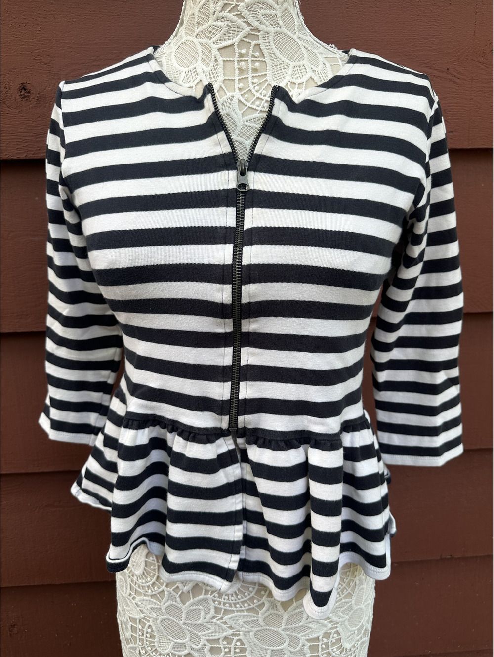 ZARA Trafaluc Navy White Striped Peplum Jacket with Front Zipper